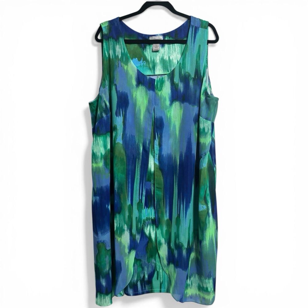 Catherines Chiffon Split Front Cocktail Dress Sz 2X  Watercolors Green & Blue
